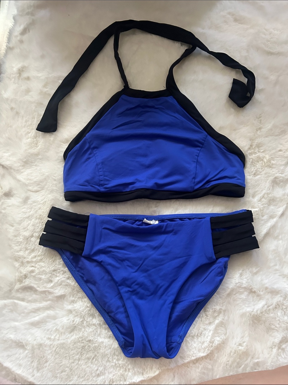 High-Neck Blue & Black Women's Bikini Set